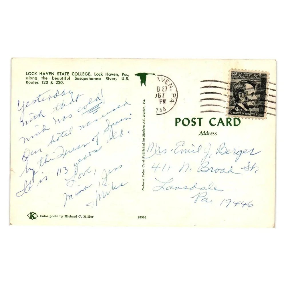 Vintage Postcard Lock Haven State College PA Fall Landscape Classic Cars Schools - Picture 2 of 2